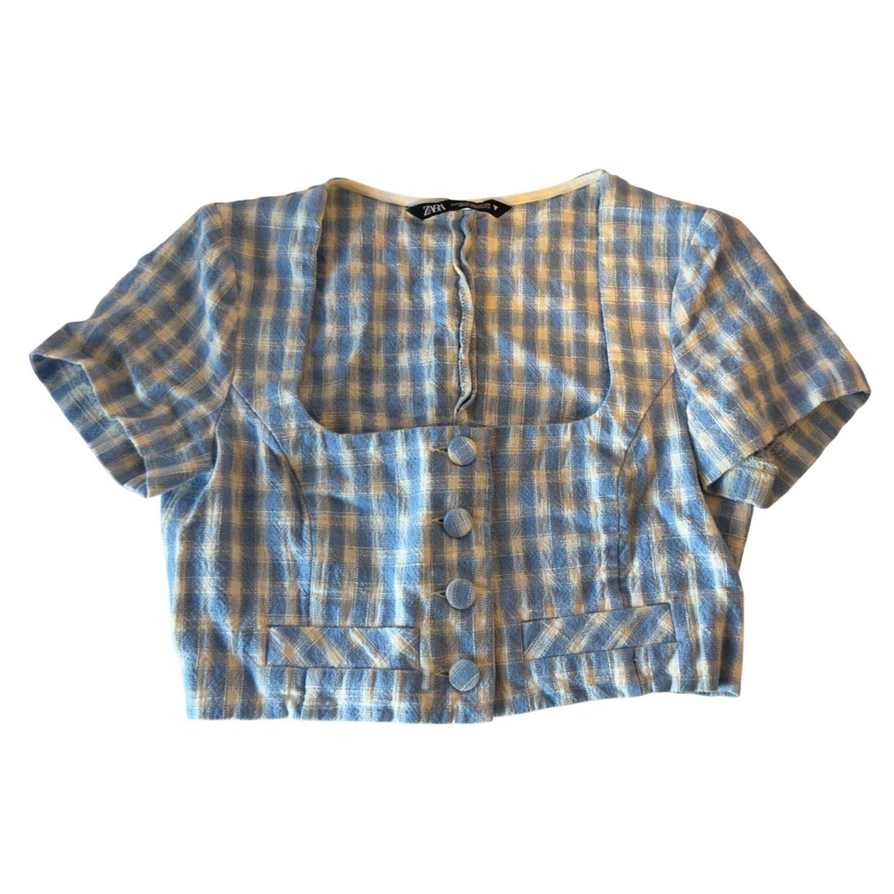Zara Gingham Checkered Pattern Crop Top Size XS Square Neck Country Chic Preppy